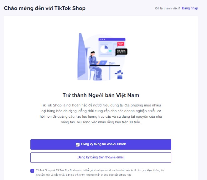 Giao diện trang đăng nhập/ đăng ký tiktok shop Việt Nam